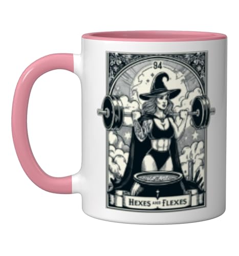 Witch Workout Fitness Deadlifting Hexes Flexes Tarot Card Ceramic Mug, Pink/White