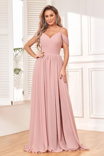 Off Shoulder Long Bridesmaid Dresses with Pockets Chiffon A-line Pleated Formal Dress with Slit4