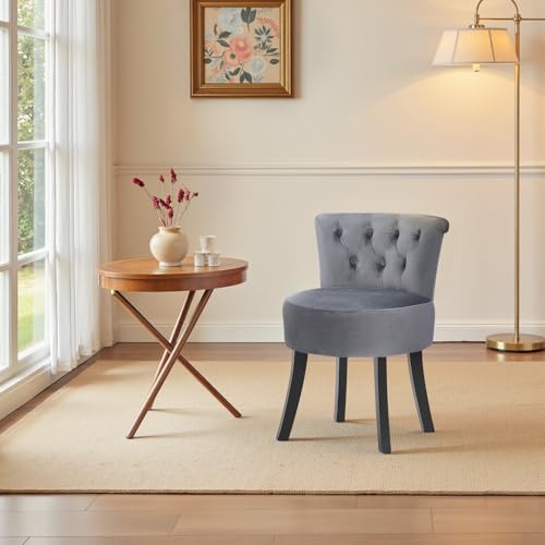 Warmiehomy Dressing Table Stool with Wooden Legs and High Back, Comfy Makeup Vanity Stool Chair for Dressing Table, Bedroom, Living Room, Grey, Velvet Fabric - Image 4