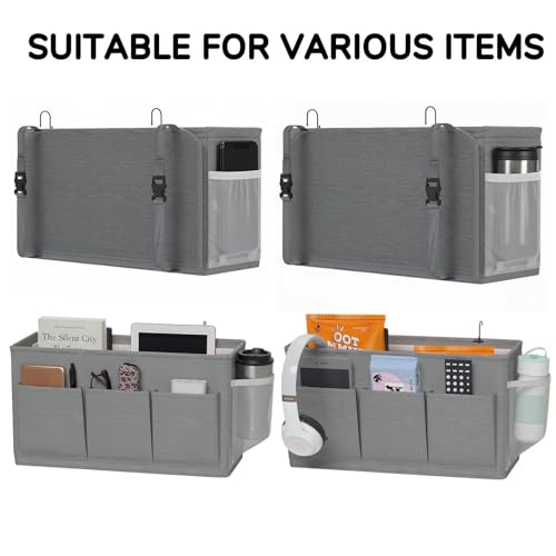 Pomodee Bedside Hanging Bag Storage Organiser,Bed Pocket with Adjustable Tape for Dorm Utility Carts Bed Rails Hospital Beds,Bedside Caddy Hanging Basket,Grey - Image 4