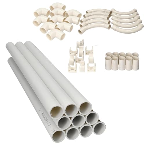 Jandei - Pack 10 uds. Tubo para Cables PVC Rígido Blanco Longitud 1 Metro. Diámetro 20 mm. Funda de Cable con Grapas de Sujección, Codo 90 Grados,Manguitos y Curvas de Empalme.