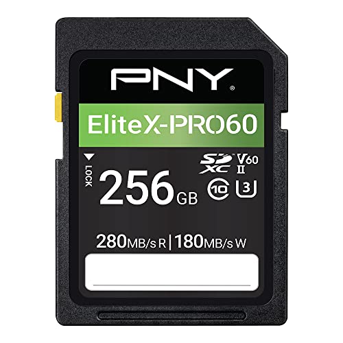 PNY 256GB EliteX-PRO60 Class 10 U3 V60 UHS-II SDXC Flash Memory Card | Do 280 MB/s odczytu, do 180 MB/s zapisu, ekstremalna profesjonalna wydajność, lustrzanki, aparaty bezlusterkowe