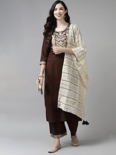 Image of INDO ERA Women's Cotton Blend Yoke Design Straight Kurta with Pant & Dupatta Set