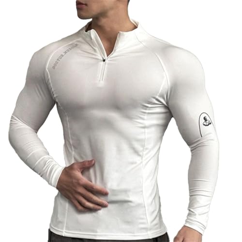 Men's GMY Sport Fit 1/4 Zipper Compression Shirts Top Cycling Jersey Bike Shirt (White,L,Large)