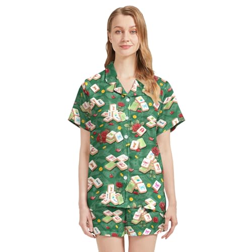 Image of Funny Satin Pajamas Set for Women Button Down Sleepwear Print Pjs Set 2 Piece Short Sleeve Loungewear Gift for Women