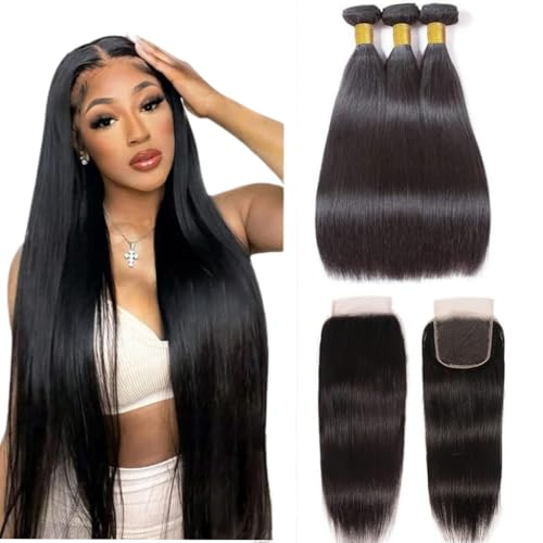 Datanala Straight Human Hiar Bundles with Lace Closure Free Part Grade 12A Brazilian Virgin Human Hair 100% Unprocessed Human Hair Bundles With Top Lace Closure Natural Color (22 24 26+20)
