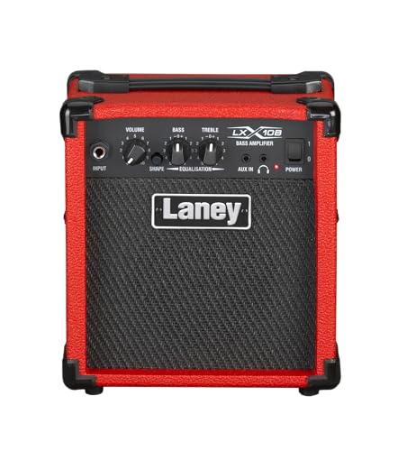 LANEY LX10B Amplificador de guitarra baja -10 vatios, 2 EQ Combo Combo Portable Guitar Amplificador perfecto para principiantes. Auriculares para la práctica silenciosa y aux para atascarse - rojo