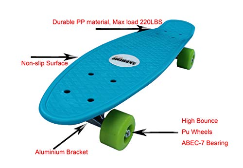 SK8MEMO 22 Inch Blue Small Skateboard, Mini Cruiser Skateboard for Beginners Kids Teens with ABEC-7 Bearing and Soft PU Wheels…