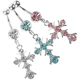 Baluue 3 Piezas Anillos de Ombligo para Mujer con Cruz y Circonitas Aleación Joyería Brillante para Fiesta Playa y Uso Diario Colores Azul Lago y Rosa