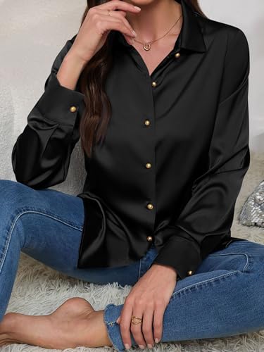 Women's Satin Button Down Shirts V-Neck Long Sleeve Tops Summer Business Office Silk Blouses Fashion Spring Shirt 20253