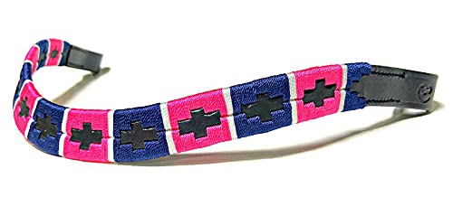 Equipride Argentona Polo Browband para flanges bordado de borracha rosa/azul marinho/branco (couro castanho, completo (40,6 cm)