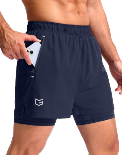 G Gradual Men's Running Gym Shorts with Compression Liner 5"(Navy,L5_XL)