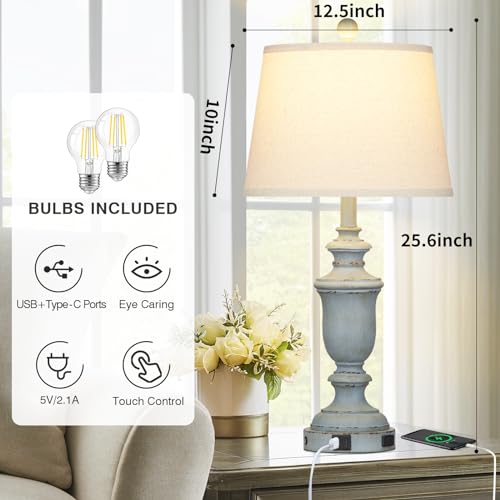 Cinkeda 25.6" Coastal Table Lamps Set of 2 with USB C+A Ports & AC Outlet for Rustic Living Room Retro Bedroom,3-Way Dimmable Touch Lamp Bedside Lamps for Nightstand Side End Table,Retro Blue - Image 4