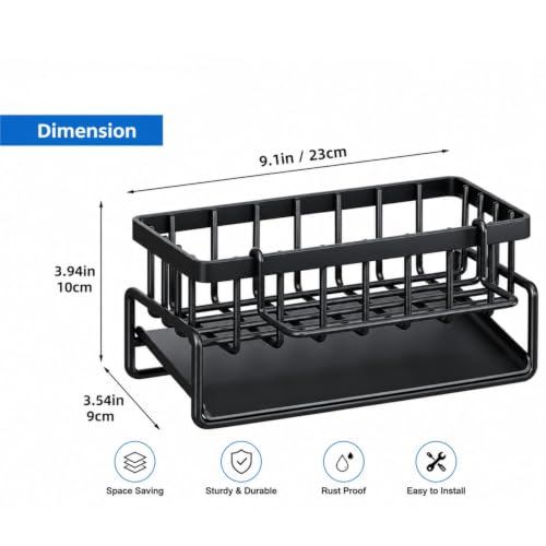 Image of Kitchen Sink Organiser with Drain Tray, Countertop Storage Rack for Dish Soap Sponge Scrubber, Metal Wire Design, Black