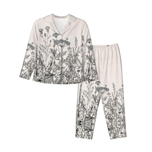 QAZWZML Conjunto de pijama de manga larga con estampado botánico de hierbas florales para mujer, adecuado para viajes y salidas, Negro, L