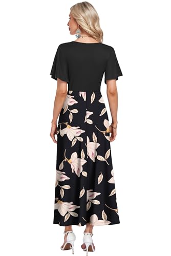 AUSELILY Boho Kleid Damen Lang Bodenlang Hohe Taille Lässiges Lockeres Sommerkleid mit Taschen Schwarz Prunkwinde S 5