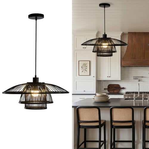 Image of Pendant Light, Bamboo Boho Hanging Light with Adjustable Height
