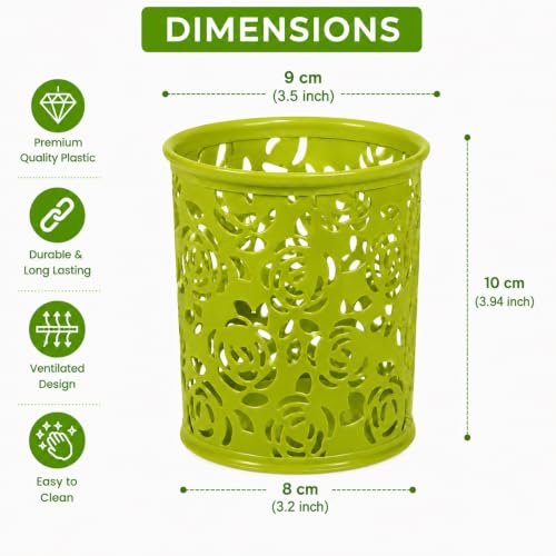 Image of Metal Mesh Pen Stand for Office & Home Desk | Black Stationery Holder Organizer for Pens, Pencils, Markers, Makeup Brushes | Durable Round Wire Mesh Pen Stand (Pack of 1) (Floral Green)