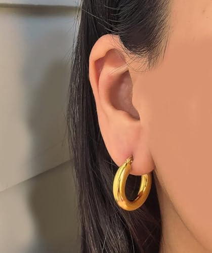 Image of Shining Diva Fashion Anti Tarnish Jewellery Celebrity Inspired 14k Real Gold Plated Simple Plain Link Chain Chunky Huggie Hoop Trendy Stylish Copper Earrings for Women Girls