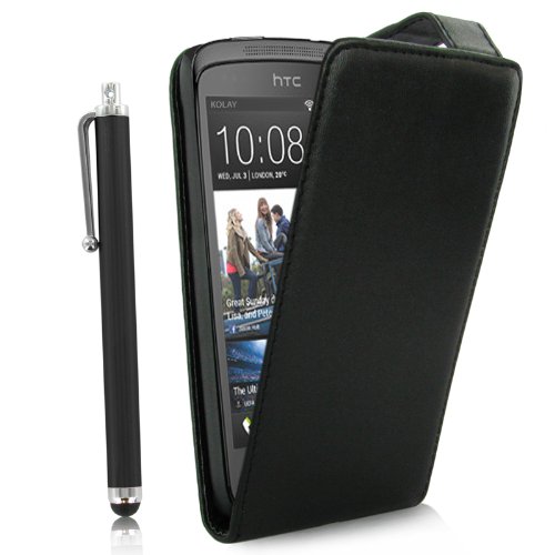 KOLAY® HTC Desire 500 Hülle in Schwarz - Leder Hülle Etui Schutzhülle + Bildschirmschutzfolie + Stylus (Eingabestift)