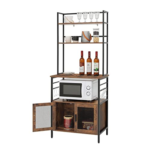 USIEKY Baker's Rack, Coffee Bar, Kitchen Storage Shelf Rack with Cabinet & 8 Hooks , 4-Tier Industrial Microwave Oven Stand with 2 Mesh Doors, Adjustable Feet, 27.6 x 15.7 x 66.5 Inch, Rustic Brown