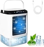 Aire Acondicionado Portatil, 4 en 1 Mini Aire Acondicionado, Enfriador de Aire Portatil 900ML,3 Velocidades & 2 Nebulizacións con Bandeja de Hielo Extraíble para Dormitorio, Oficina