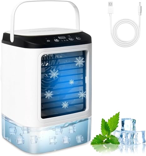 Journeyside Mobile Klimaanlage, 4- in- 1 Mobiles Klimagerät, Mini Luftkühler mit 3 Luftgeschwindigkeiten & 2 Kühlnebel, Air Cooler Persönlich Ventilator 900ML& 60°Oszillation für Zimmer Büro