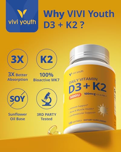 VIVI Youth Vitamin D3 K2 Supplement 5000 IU & MK-7 100mcg with Sunflower Seed Oil, High Absorption Softgels for Bone, Immune & Heart Health, Soy-Free, Non-GMO 120 Servings for Adults & Seniors — view 3