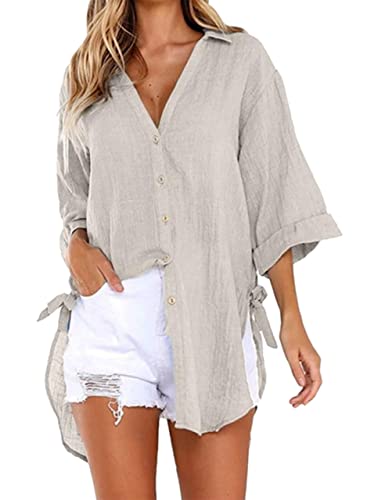 Image of Bozanly V Neck 3 /4 Sleeve Button Shirts Summer Beach Blouse Tops for Women