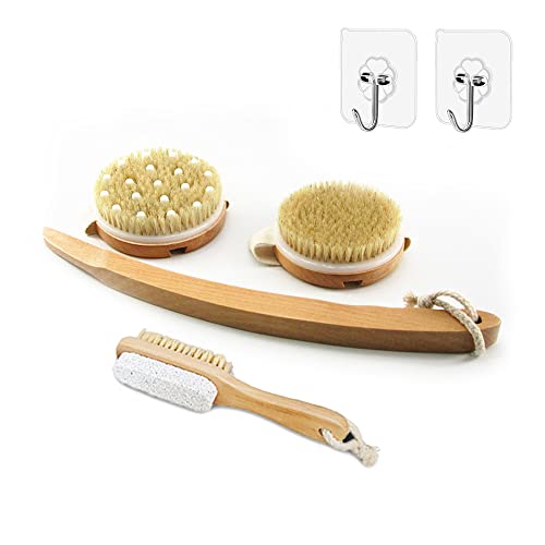 Spclsim Bath Brush Set Shower Brush Body Scrubber Brush Back Scrubber for Showe Body Exfoliating Brush, Bath Back Cleaning Scrubber with Long Wooden Handle, Dry or Wet Exfoliator Brush for Men Women