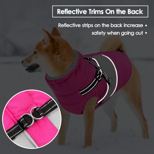 Image of Dog Coat, XXL Dog Jacket Winter with Harness Built in, Waterproof Pet Snow Jacket with Furry Collar for Chilly Day, Reflective Fleece Snowsuit for Extra Large Dogs, Hot Pink 2XL