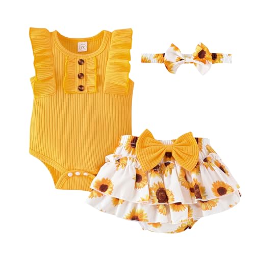 Image of GDTOGRT Baby Girl Clothes Newborn Infant Summer Outfits Ruffle Romper and Shorts with Headband Sets for 0-3-6-9-12-18 Months