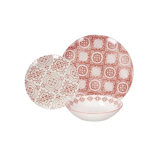 Set da Tavolo con 18 Piatti di diverse Grandezze, Decorati - Set Piatti Piani e Fondi per Cucina, in Porcellana, Bianco e Rosso