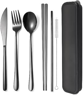 AARAINBOW 6 Pieces 18/8 Stainless Steel Flatware Set Portable Reusable Cutlery Set Travel Utensils Set Including Chopsticks Knife Fork Spoon Straws Cleaning Brush Dishwasher Safe (Black)