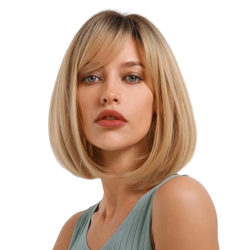Short Blonde Wig for Women Natural Synthetic Hair, Ombre Bob Wigs with Neat Fringe, Dark Roots