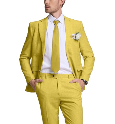 Retro Linen Mens Suit 2 Pieces Slim Fit Light Weight Casual Beach Summer Suits Tuxedo Set Jacket Blazer Pant for Men