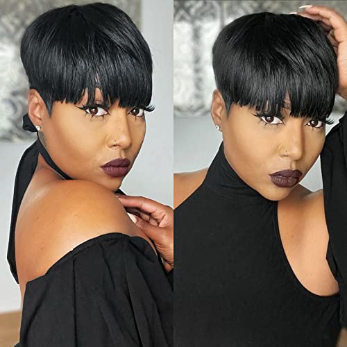 Besteffie Short Pixie Cut Wigs For Black Women Short Human Hair Wigs With Bangs 100% Brazilian Virgin Human Hair Non Lace Wigs Short Pixie Layered Wig Natural Color (1B) #TOP1