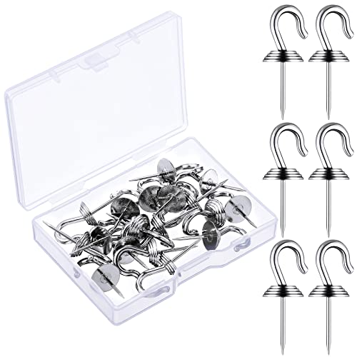 Image of Hotop 30 Pieces Push Pin Wall Hooks Metal Thumb Tack Hangers Iron Alloy Nail Decorative Picture Hooks for 20 Lbs Home Office School Party Supply (Silver)