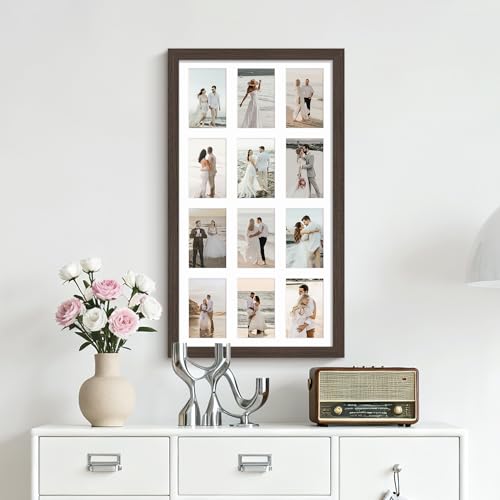 Image of DUENPY 14x26 Collage Picture Frame 4x6 Collage Picture Frame Displays Twelve 4x6 inch Photos Available Horizontal Wall Mounting Display and Vertical Walnut