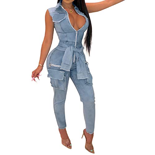 IyMoo Women's Sexy Ruffled Denim Jumpsuits Solid Wide Leg Long Romper Pants Clubwear 2-Blue S