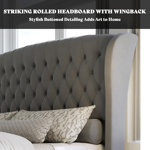 Image of AMERLIFE California King Size Platform Bed Frame, Velvet Upholstered Sleigh Bed with Scroll Wingback Headboard & Footboard /Button Tufted /No Box Spring Required /Grey