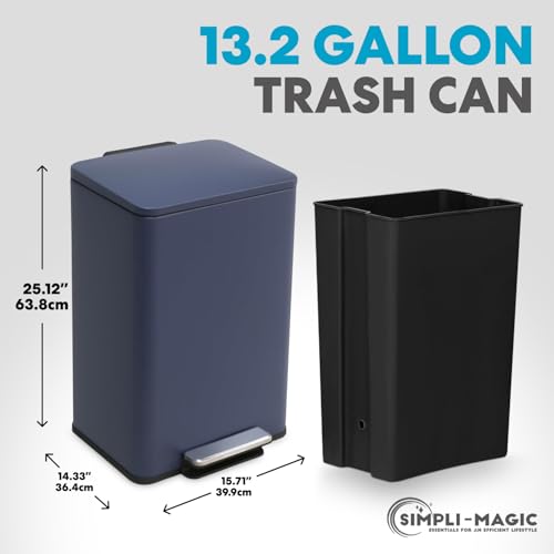 Image of SIMPLI-Magic 50L / 13.2 Gallon Kitchen Trash Can - Soft-Close Lid, Hands-Free Step Pedal, Stainless Steel Garbage Can with Odor Filter, Smudge-Resistant Finish