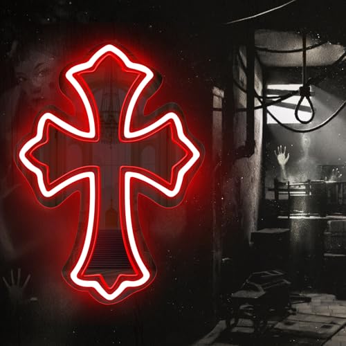 Image of Cross Gothic Y2K Cross Mirror Neon Sign Gothic Wall Decor | Corss Bedroom Mirror LED Light, Gift for Friends, USB Powered Dimmable Retro Wall Decoration, 16.5 inchx12 inch