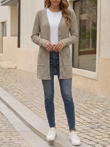 Cicy Bell Cardigan long boutonné pour femme - Manches longues - Avec poche avant ouverte, kaki, M – vue 4