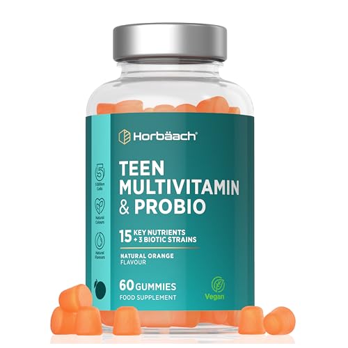 Teen Multivitamin Gummies with Probio | 60 Count | 15 Key Nutrients with Vitamin C, Biotin and Zinc | + 3 Biotic Strains | Natural Orange Flavour | Vegan | by Horbaach