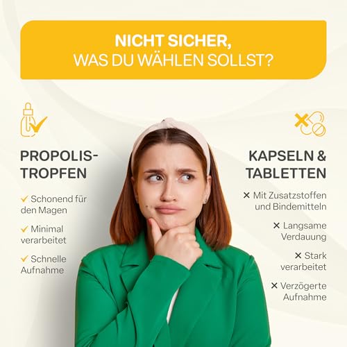 Propolis Tropfen ohne Alkohol - große 50 ml Flasche, 30 % Propolis Extrakt, geeignet für Kinder, Erwachsene & Haut - mit Vitamin A, C & E - wasserlöslicher Extrakt - Produziert in Deutschland