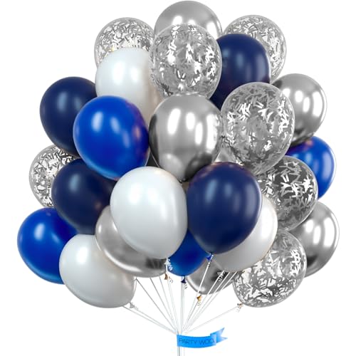 Image of PartyWoo Blue and Silver Balloons 100 pcs 12 Inch Navy Royal Blue White Silver Confetti Helium Balloons for Graduation New Year Weddings Father's Day Baby Shower Birthday Party Decorations