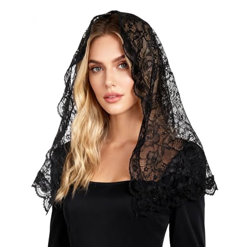 DOCILA Lace Head Covering Scarf For Women D-Shaped Black Veil For Church Prayer Funeral Mourning Hair Bandana Wrap Scarves