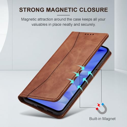 Image of Jasonyu Flip Wallet Case for Google Pixel 9A,Leather Magnetic Folio Cover with Card Holder,Kickstand - TPU Shockproof Durable Protective Phone Case,Brown