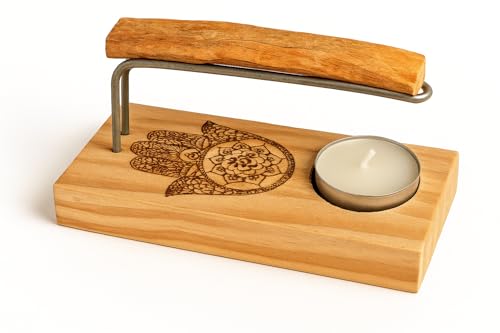YA-DECOREGALOS Quemador de Palo Santo, Diseño Mano de Fátima, Base de Madera con Soporte Metálico, Incluye Vela de Té y Palo Santo